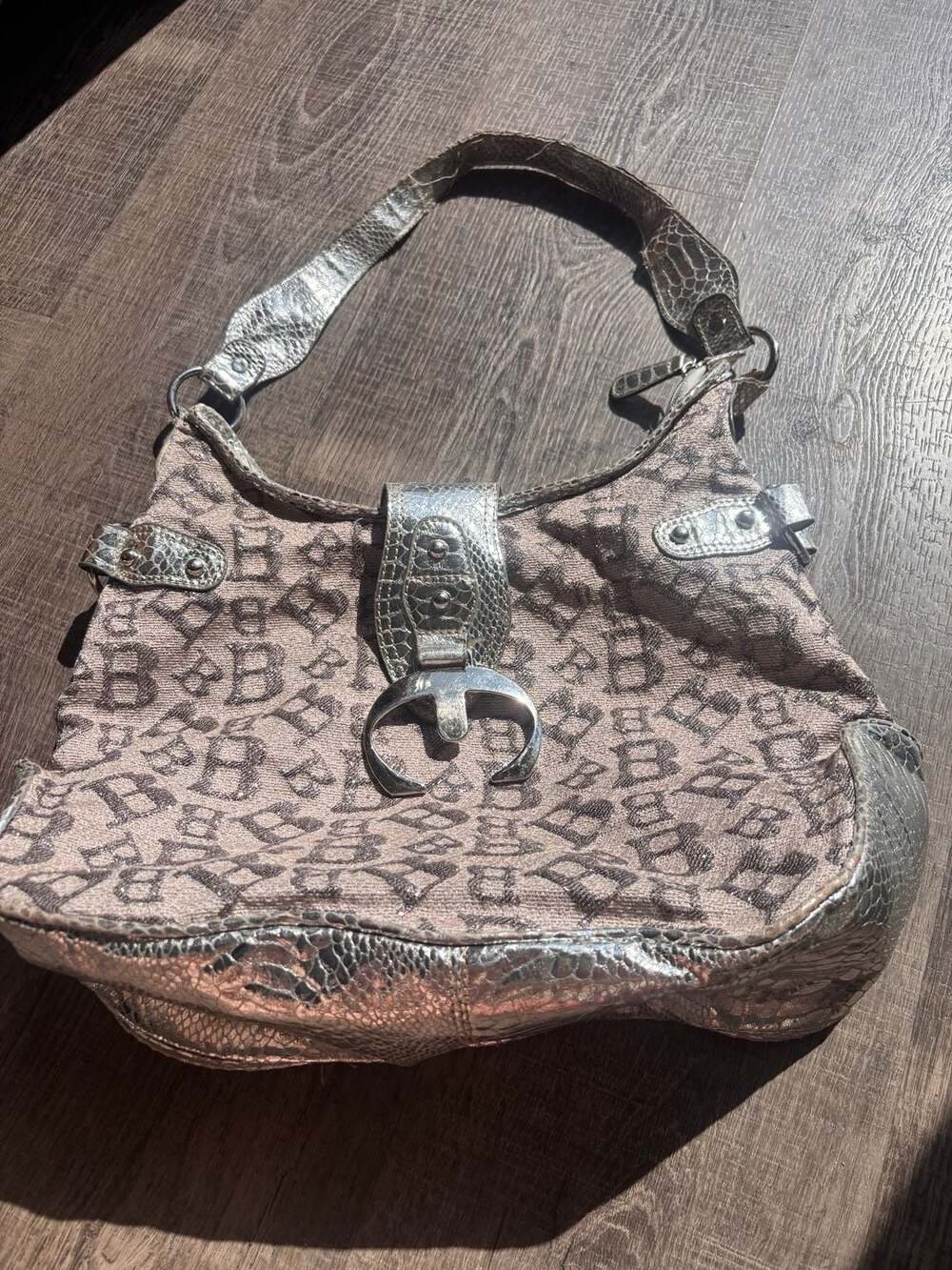 Vintage Y2K Monogram Shoulder Bag with Snakeskin-Embossed Trim